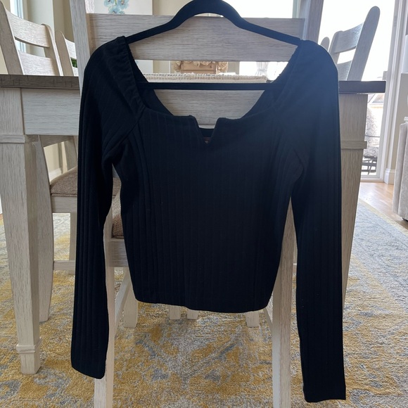 Free People - Black Ribbed Long Sleeve Square Neck Top w/ Boned V at Décolletage - Picture 3 of 6